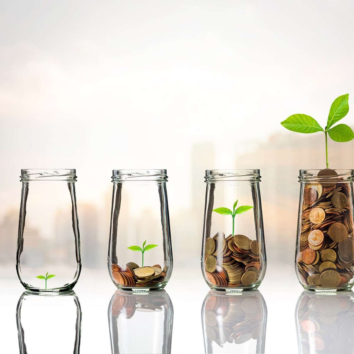 Gold coins and seed in clear bottle on cityscape photo blurred cityscape background,Business investment growth concept